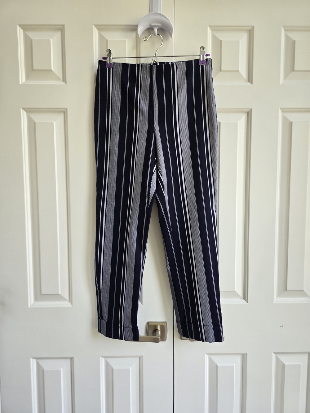 Roz & Ali Women's Navy and White Vertical Stripe Trousers